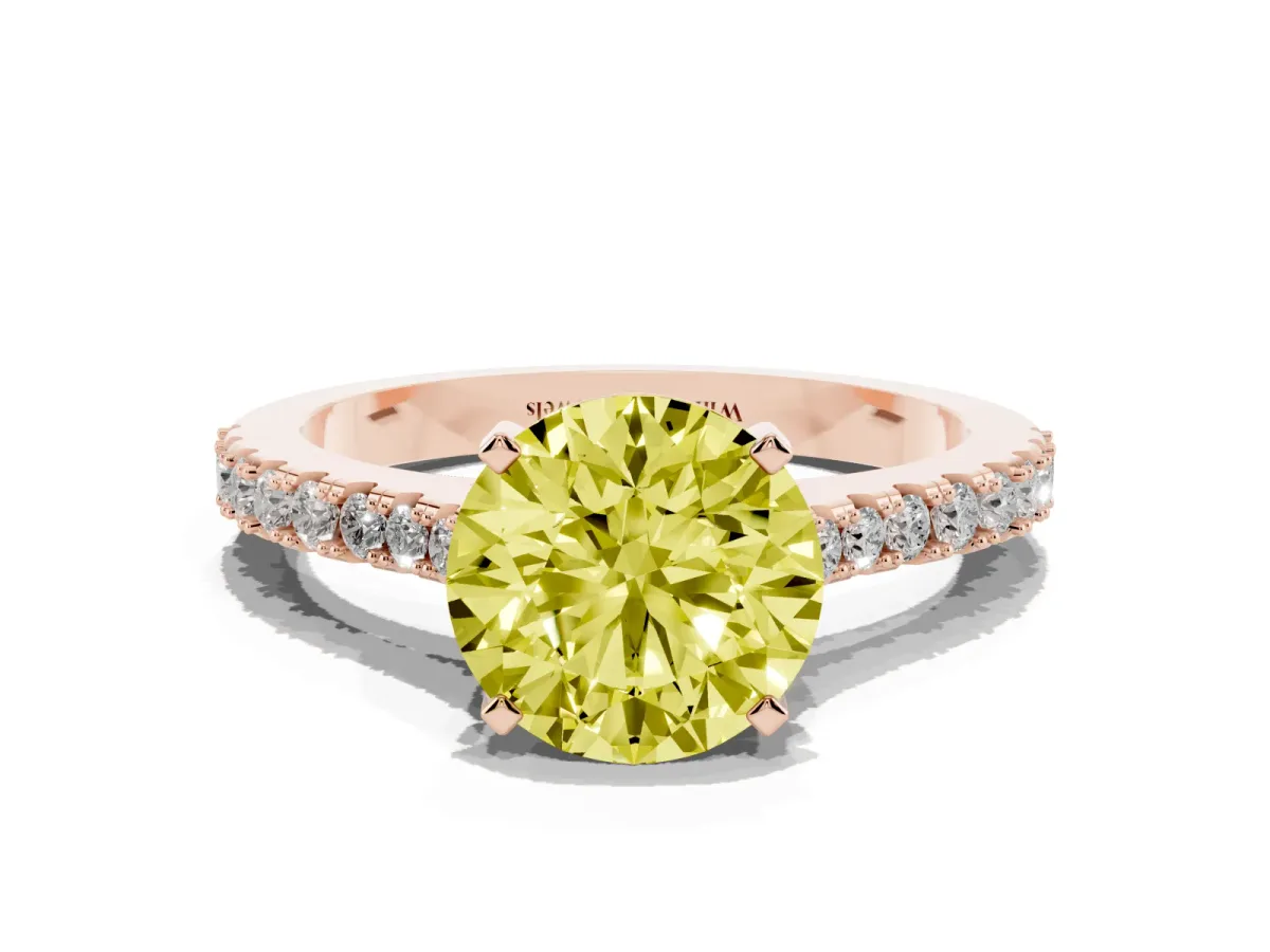 Fancy Yellow Round Cut Cut Solitaire Diamond Engagement Ring with Pave Band and Four-Prong Setting Rose gold