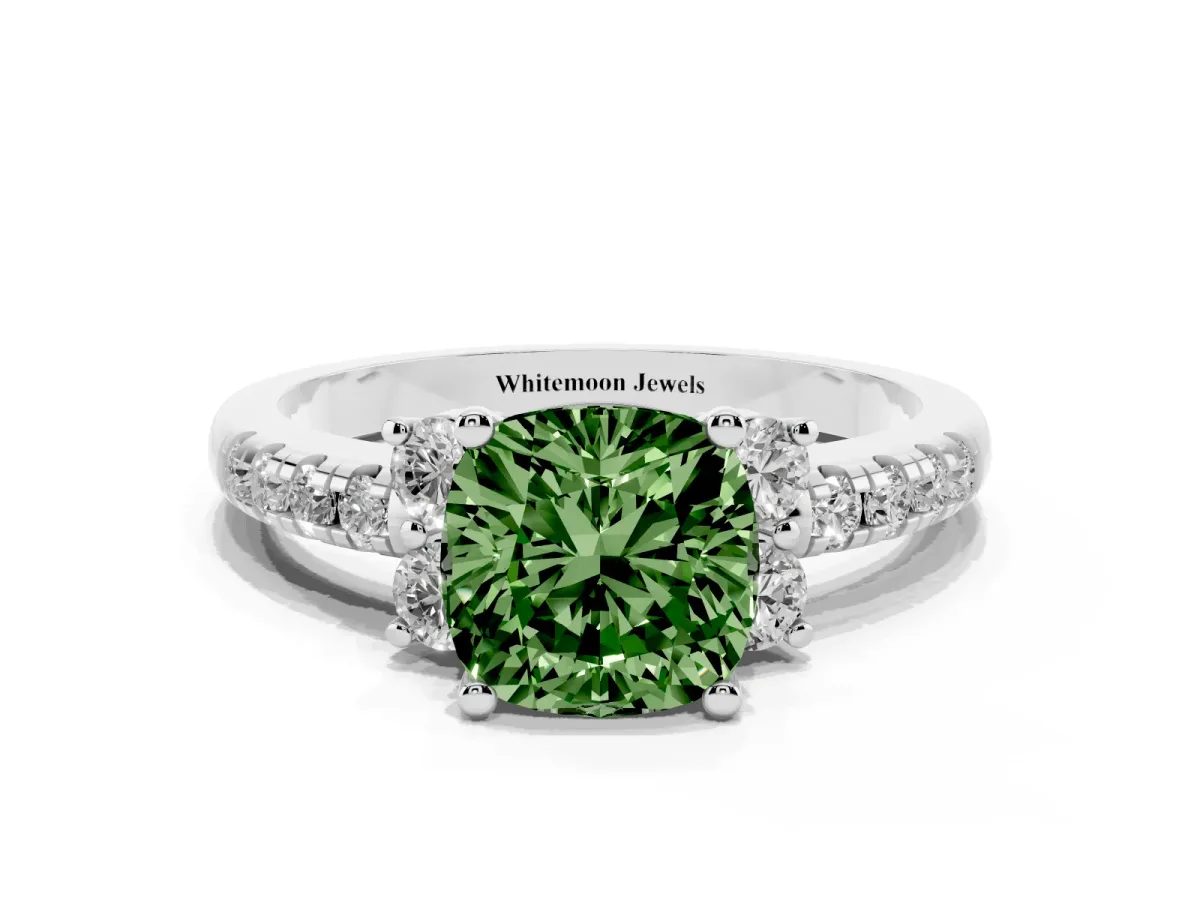 Fancy Green Cushion Cut Diamond Three-Stone Pave Band with Four-Prong Setting Silver