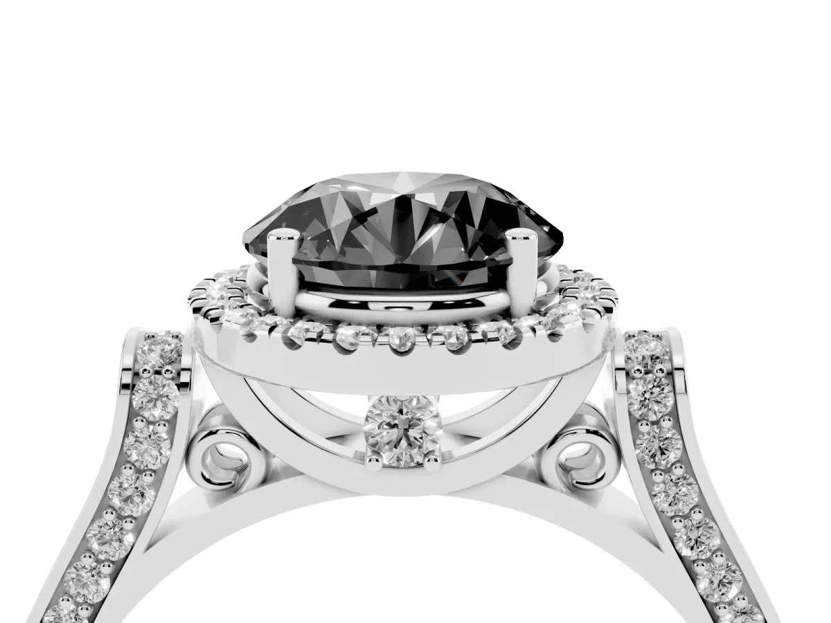 Fancy Black Round Cut Halo Round Diamond Twist Band with Four-Prong Setting Platinum
