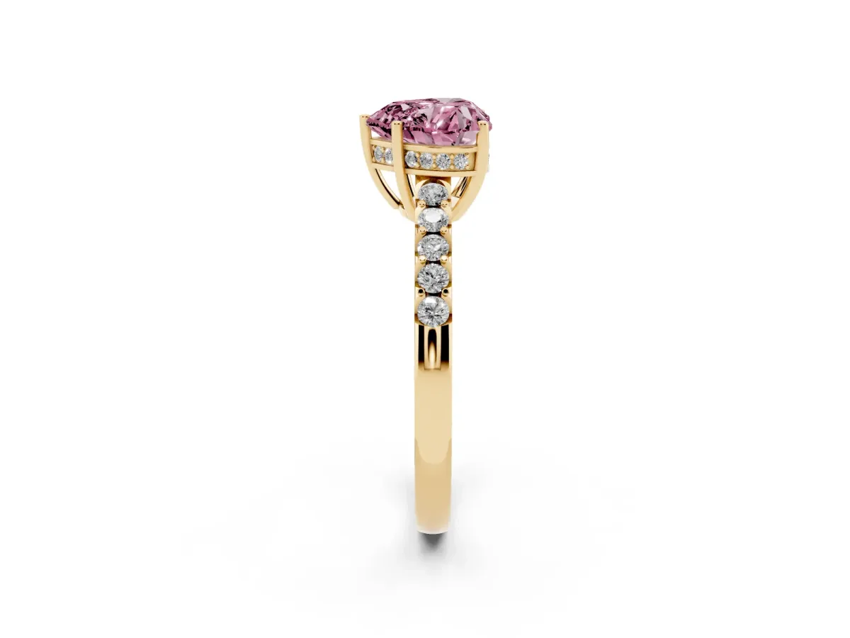 Fancy Pink Heart Cut Solitaire Diamond Engagement Ring with Pavé Band and Six-Prong Setting Yellow gold