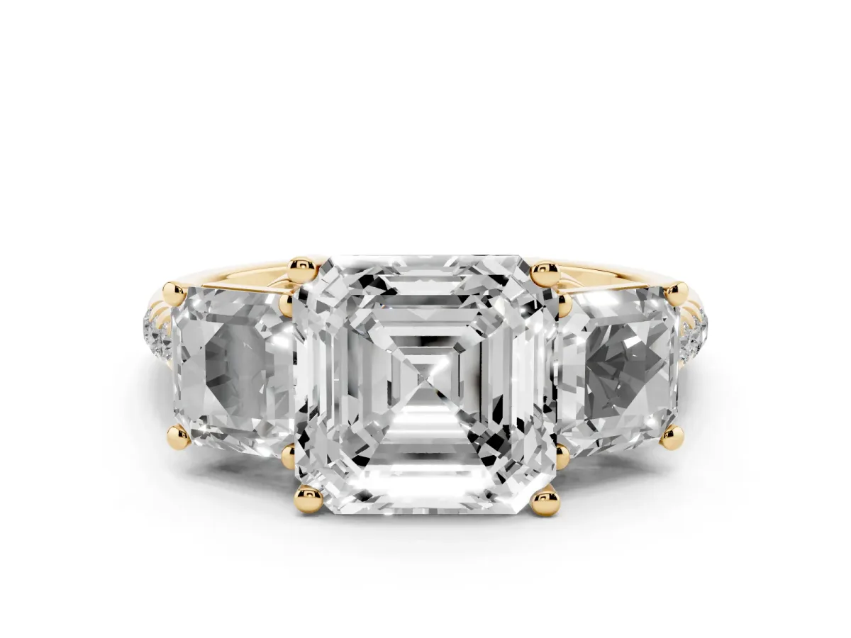 Three-Stone Asscher Cut Diamond Ring with Round Pavé Band and Prong Setting Yellow gold