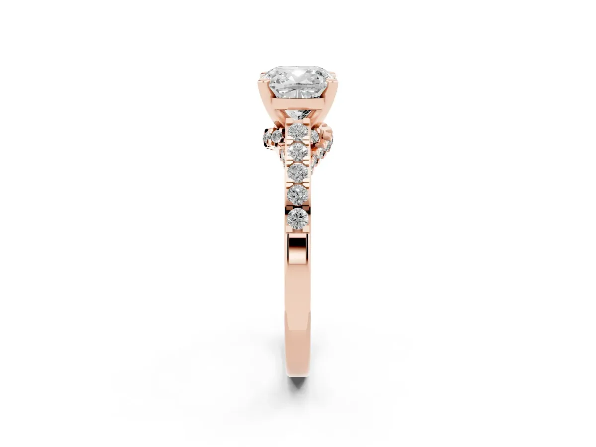 Cushion Cut Diamond Solitaire Ring with Crossover Gallery and Round Pavé Band Rose gold