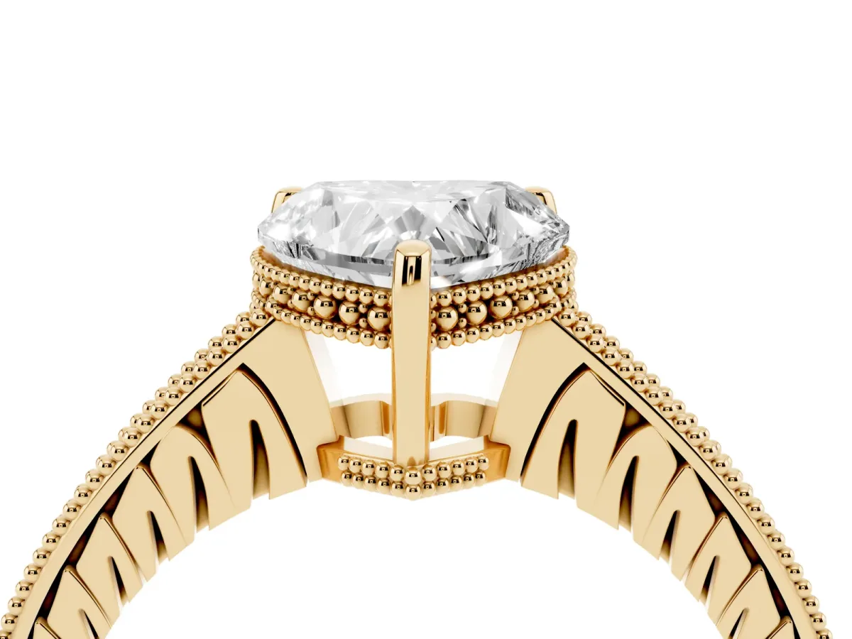 Heart Cut Solitaire Pavé Diamond Milgrain Engagement Ring with Four-Prong Setting Yellow gold