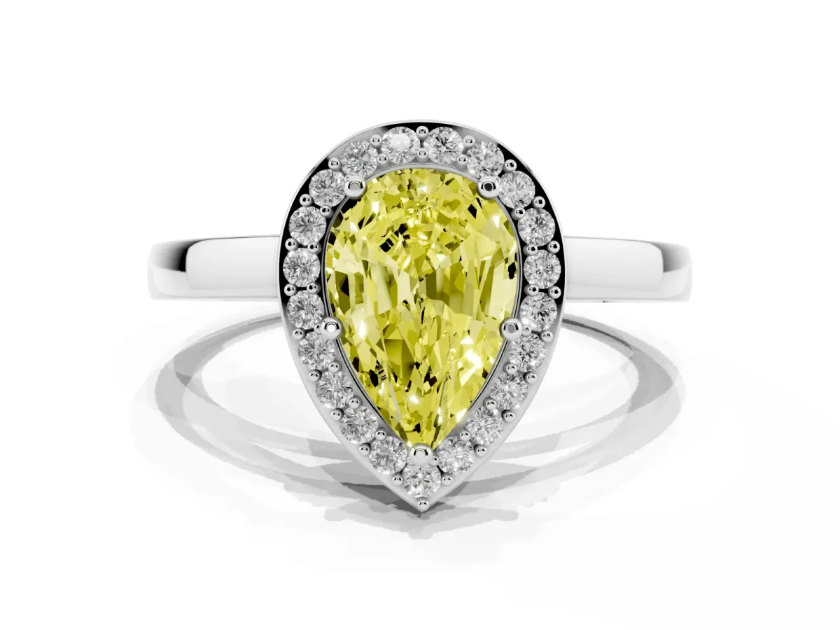 Fancy Yellow Pear Cut Halo Diamond Ring with Solitaire Band and Prong Setting Silver