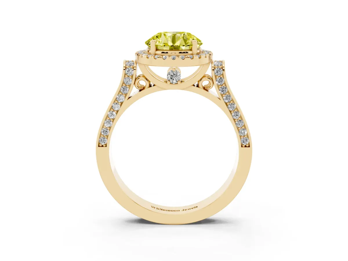 Fancy Yellow Round Cut Halo Round Diamond Twist Band with Four-Prong Setting Yellow gold