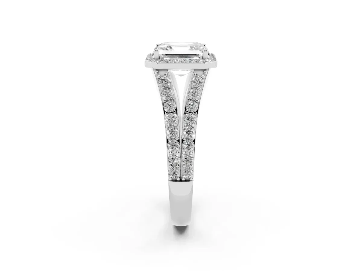 Asscher Cut Diamond Split Shank Halo Ring with Four-Prong Setting Silver