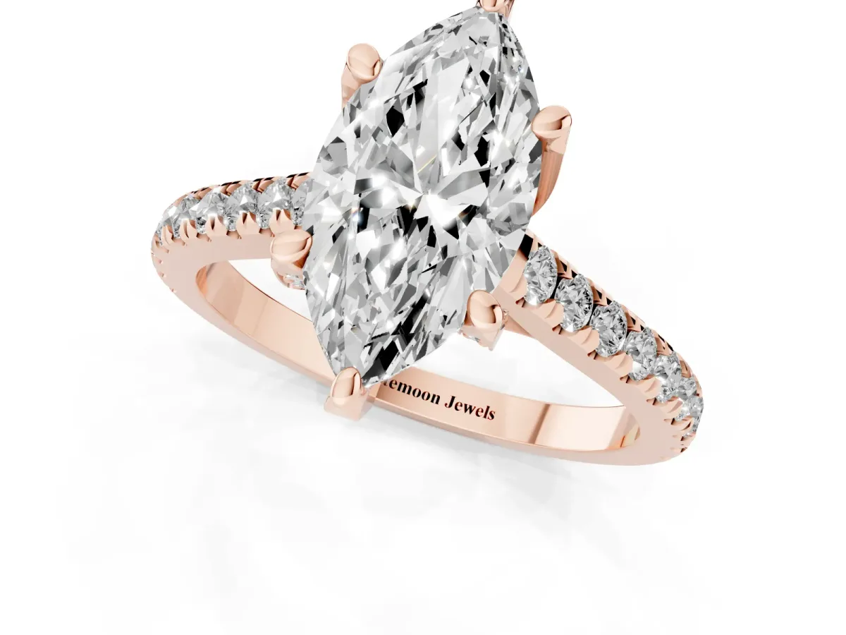 Marquise Cut Brilliant Diamond Solitaire with Pavé Band and Four-Prong Setting Rose gold