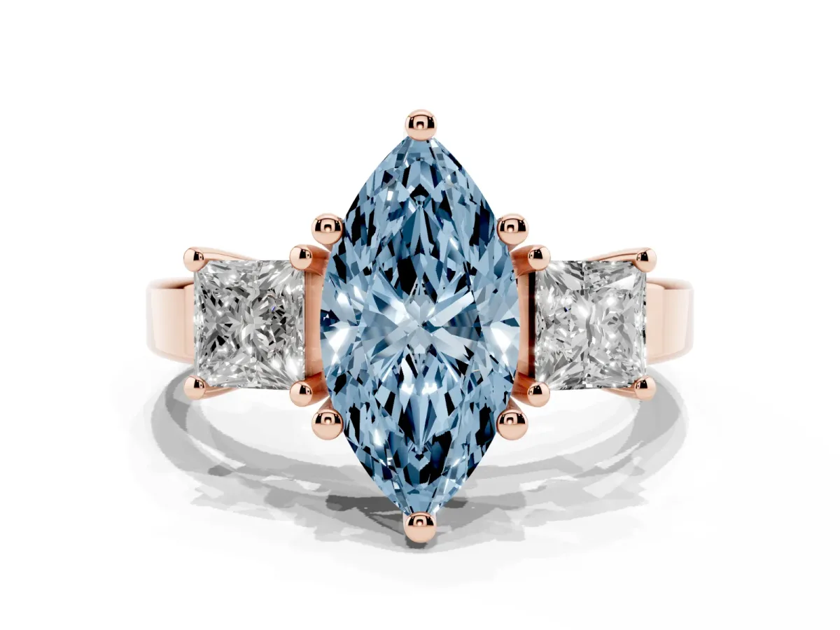 Fancy Blue Three-Stone Marquise Cut Cut Solitaire Ring with Prong Setting Rose gold