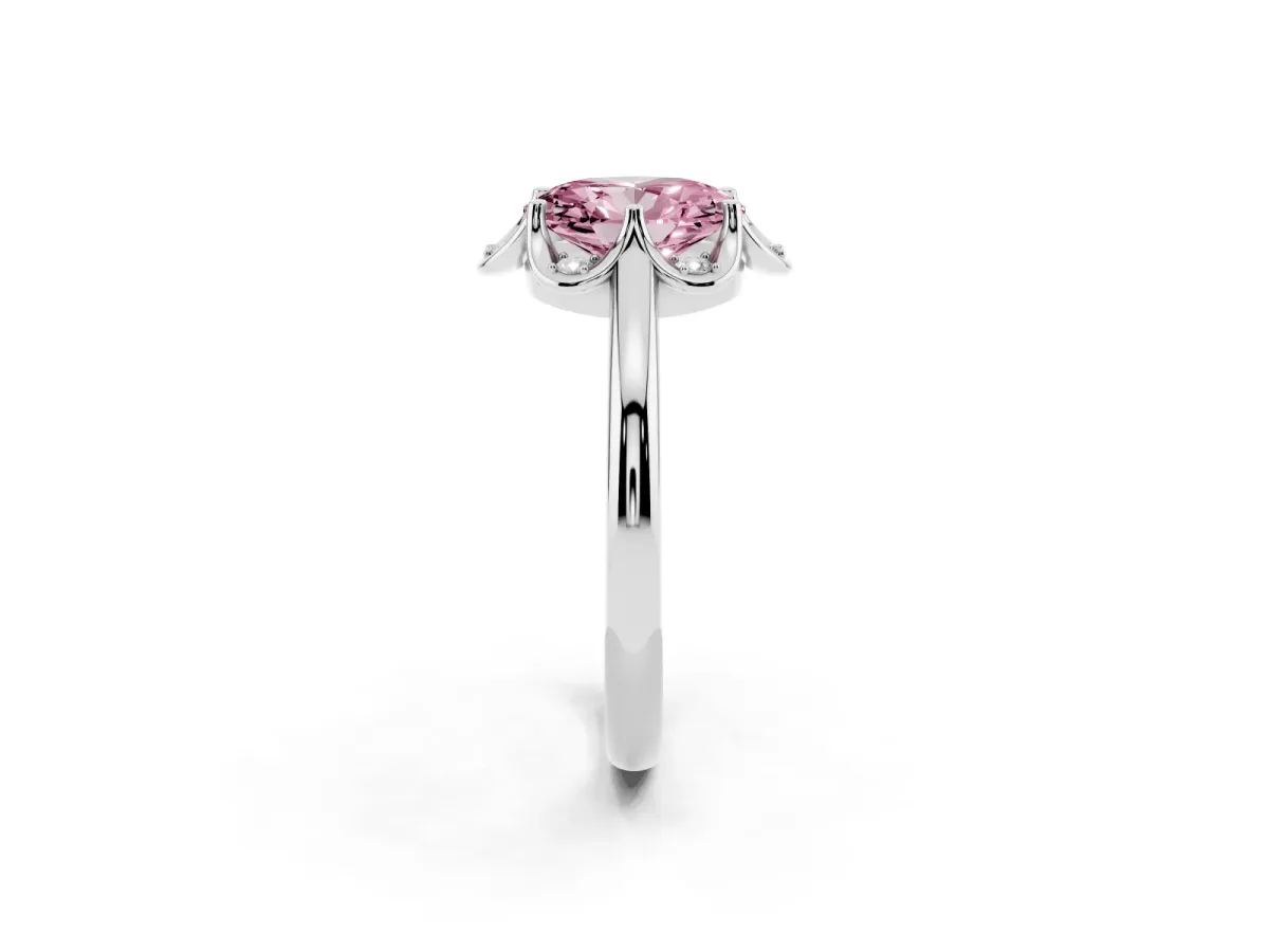 Fancy Pink Oval Cut Halo Diamond Ring with Round Cluster Setting, Solitaire Band, and Four-Prong Setting White gold