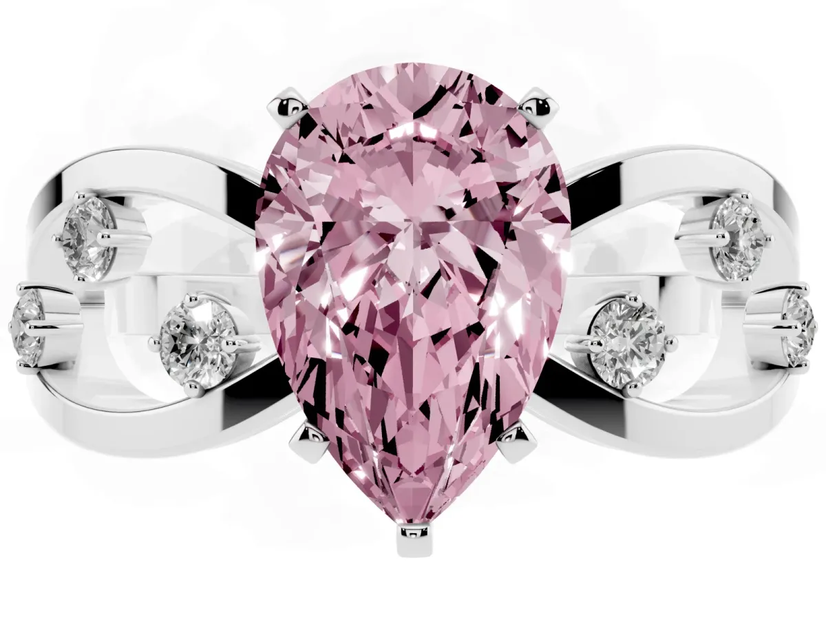 Fancy Pink Pear Cut Cut Solitaire Diamond with Side Stones on Criss-Cross Band and Four-Prong Setting Platinum