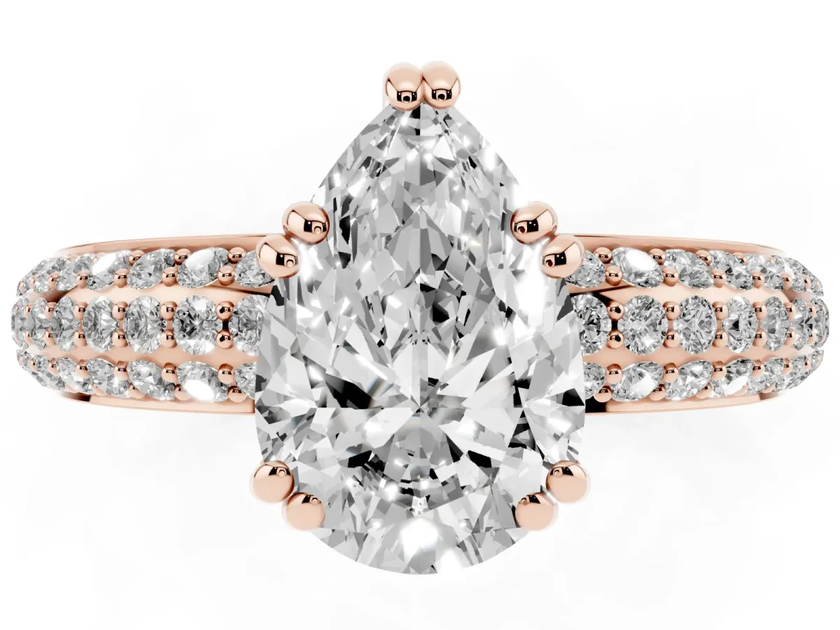Pear Cut Diamond Solitaire Ring with Multi-Row Round Pavé Band and Prong Setting Rose gold