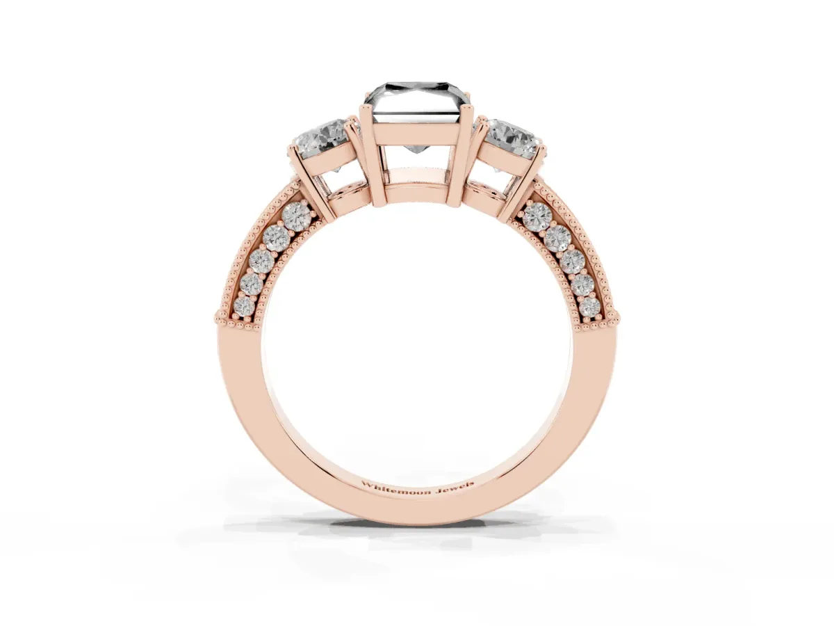 Fancy Black Radiant Cut Three-Stone Diamond Ring with Pavé Band and Four-Prong Setting Rose gold