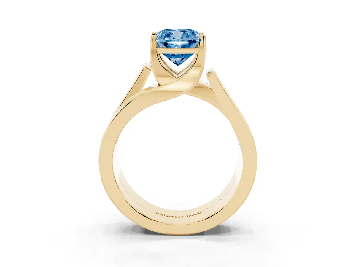 Fancy Blue Modern Tension Set Cushion Cut Diamond Solitaire Wide Band Ring Yellow gold