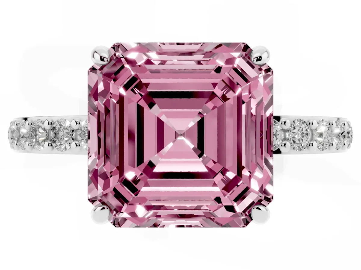 Fancy Pink Asscher Cut Diamond Pavé Engagement Ring with Round Accents and Prong Setting White gold