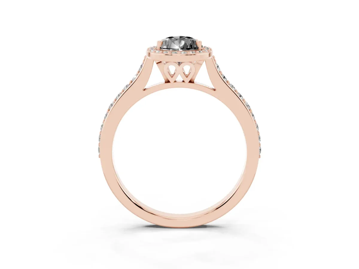 Fancy Black Pear Cut Diamond Halo Engagement Ring with Round Pavé Shoulders and Prong Setting Rose gold