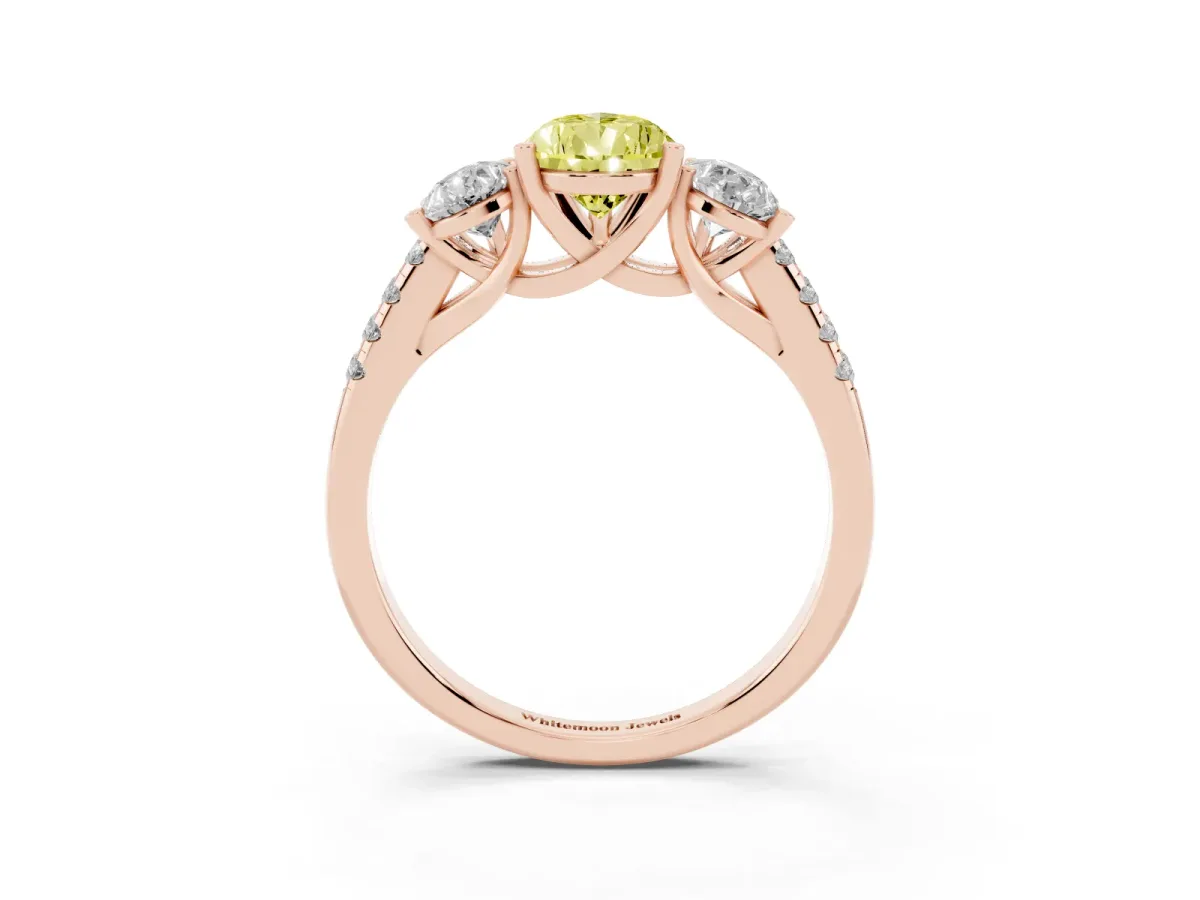 Fancy Yellow Three-Stone Pear Cut Diamond Ring with Round Pavé Band and Prong Setting Rose gold