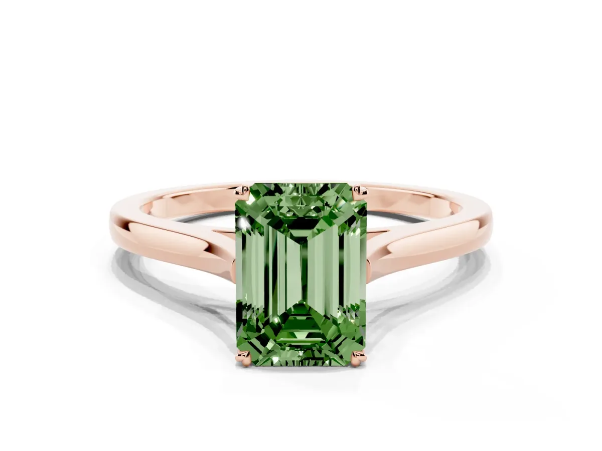 Fancy Green Emerald Cut Solitaire Heart Prong Engagement Ring with Tapered Band Rose gold