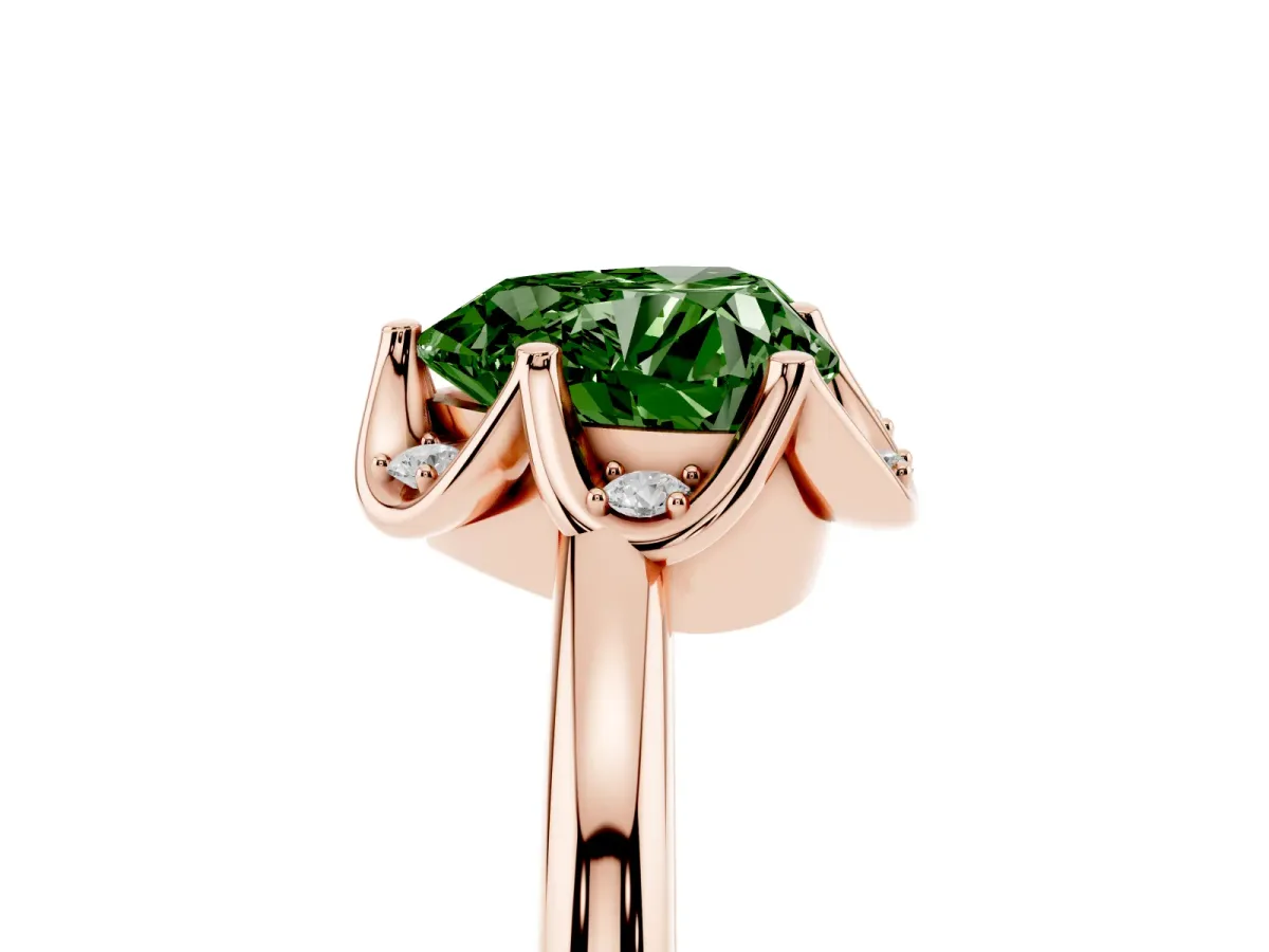 Fancy Green Heart Cut Halo Diamond Ring with Round Cluster Setting, Solitaire Band, and Four-Prong Setting Rose gold