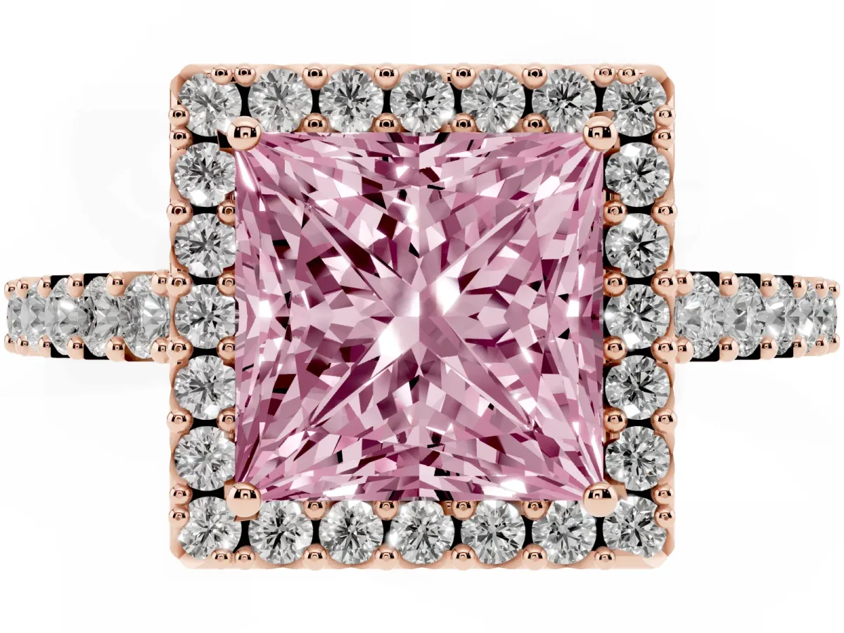Fancy Pink Princess Cut Halo Diamond Pavé Solitaire Ring Rose gold