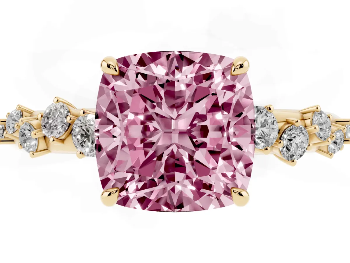 Fancy Pink Cushion Cut Diamond Cluster Prong-Set Solitaire Ring Yellow gold