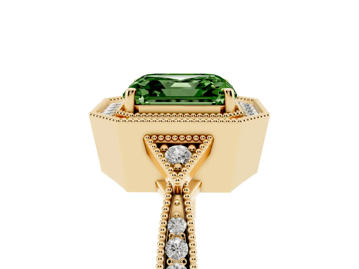 Fancy Green Asscher Cut Halo Round Diamond Milgrain Pave Engagement Ring Yellow gold