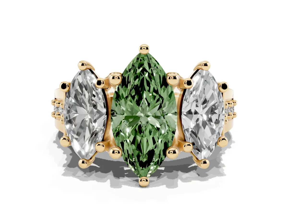 Fancy Green Marquise Cut Diamond Three-Stone Ring with Channel Set Band and Four-Prong Setting Yellow gold