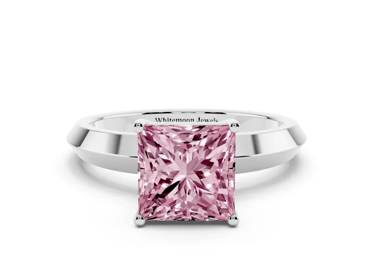 Fancy Pink Princess Cut Cut Solitaire Engagement Ring with Flat Band and Four-Prong Setting Silver