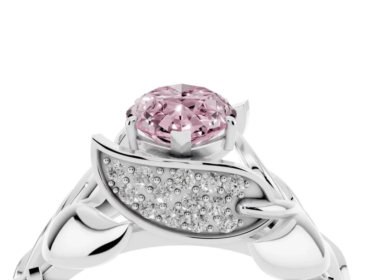 Fancy Pink Marquise Cut Diamond Leaf-Inspired Engagement Ring with Round Accents and Prong Setting Silver