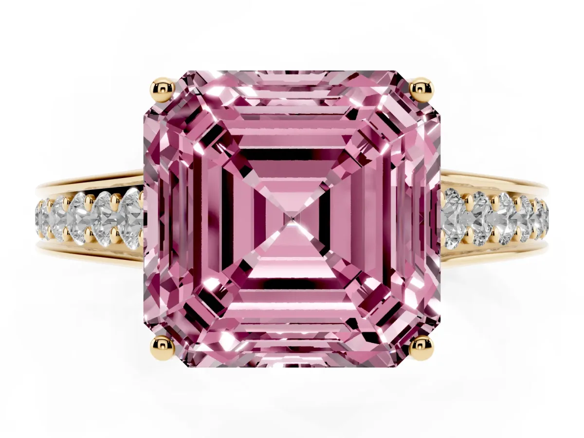 Fancy Pink Asscher Cut Brilliant Cut Diamond Engagement Ring with Pavé Band and Four-Prong Setting Yellow gold