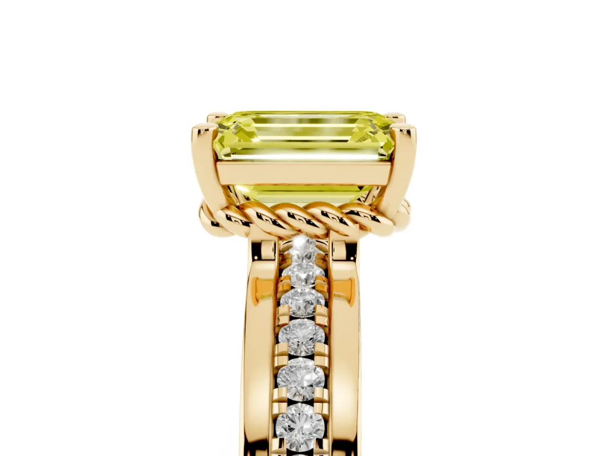 Fancy Yellow Emerald Cut Solitaire Diamond Ring with Channel Set Band and Six-Prong Setting Yellow gold