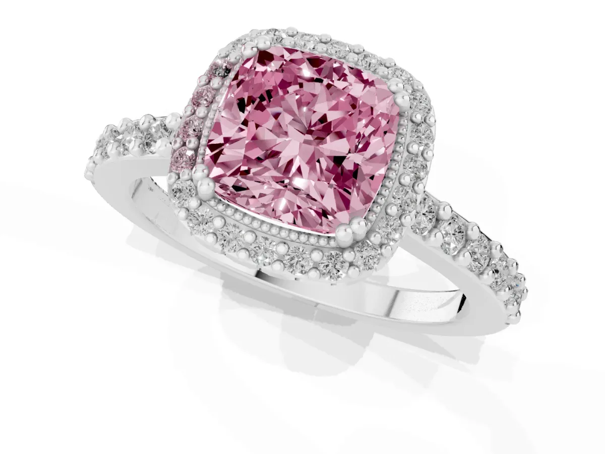 Fancy Pink Cushion Cut Cut Diamond Halo Engagement Ring with Milgrain Detail and Pavé Band Platinum
