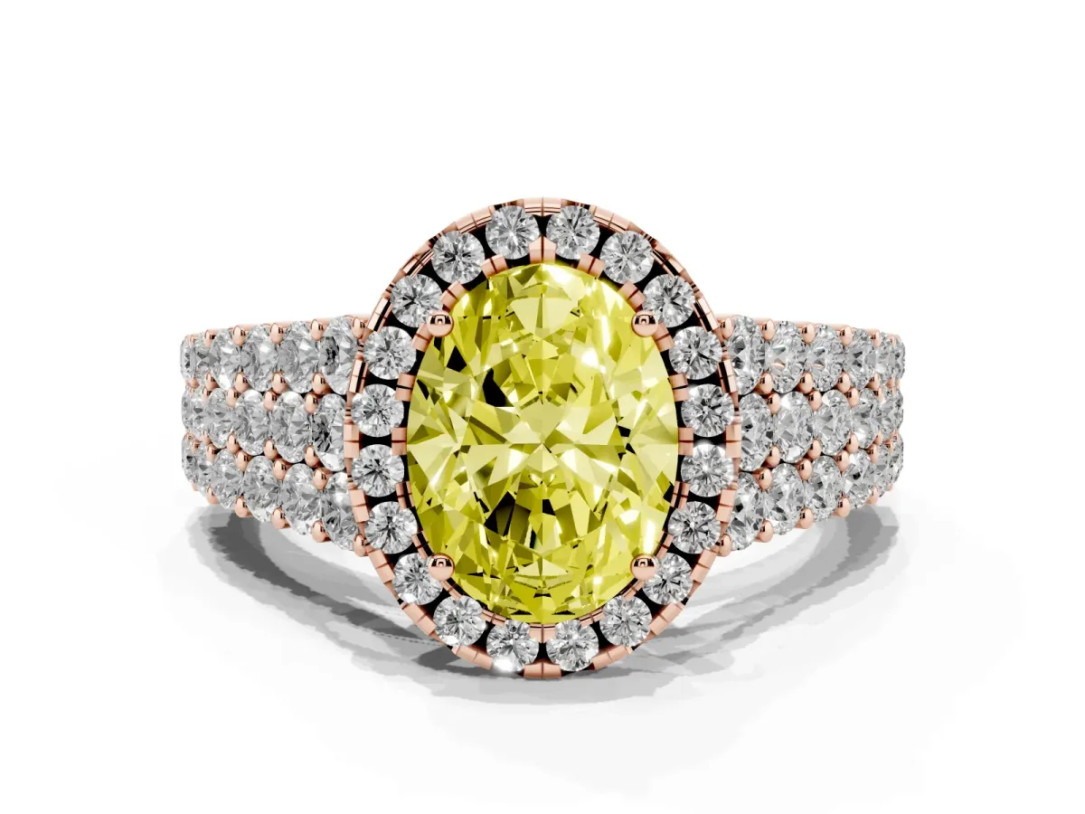 Fancy Yellow Oval Cut Diamond Halo Engagement Ring with Triple Row Round Pavé Band and Prong Setting Rose gold