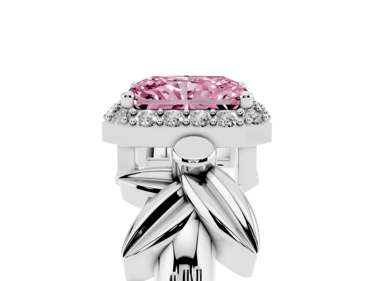 Fancy Pink Radiant Cut Halo Diamond Floral Band with Four-Prong Setting Platinum