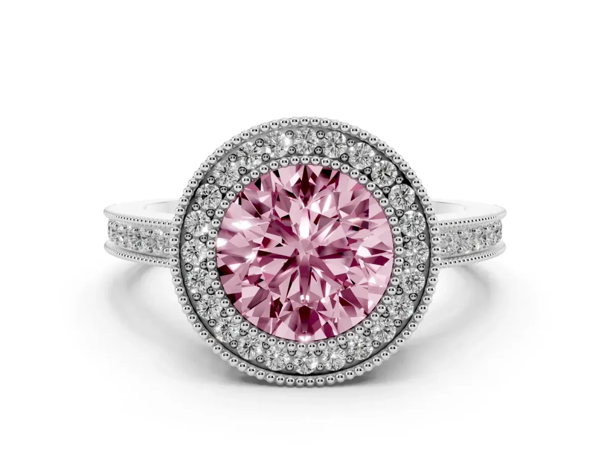 Fancy Pink Round Cut Cut Halo Diamond Ring with Pavé Band and Milgrain Prong Setting Platinum