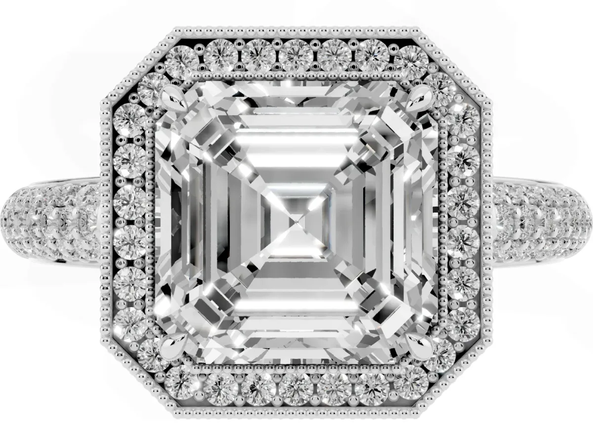 Asscher Cut Cut Halo Diamond Pave Band with Four-Prong Setting White gold