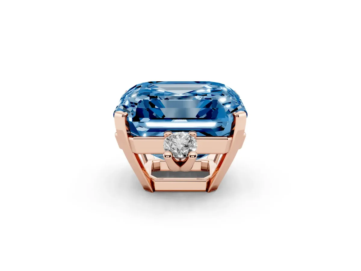 Fancy Blue Asscher Cut Cut Three-Stone Solitaire Ring with Round Accent Diamonds and Four-Prong Setting Rose gold