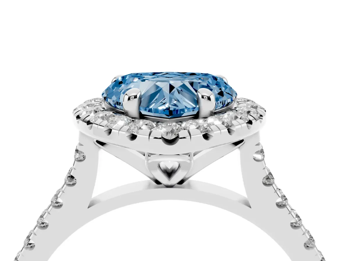 Fancy Blue Heart Cut Diamond Cushion Halo Ring with Pavé Band Silver