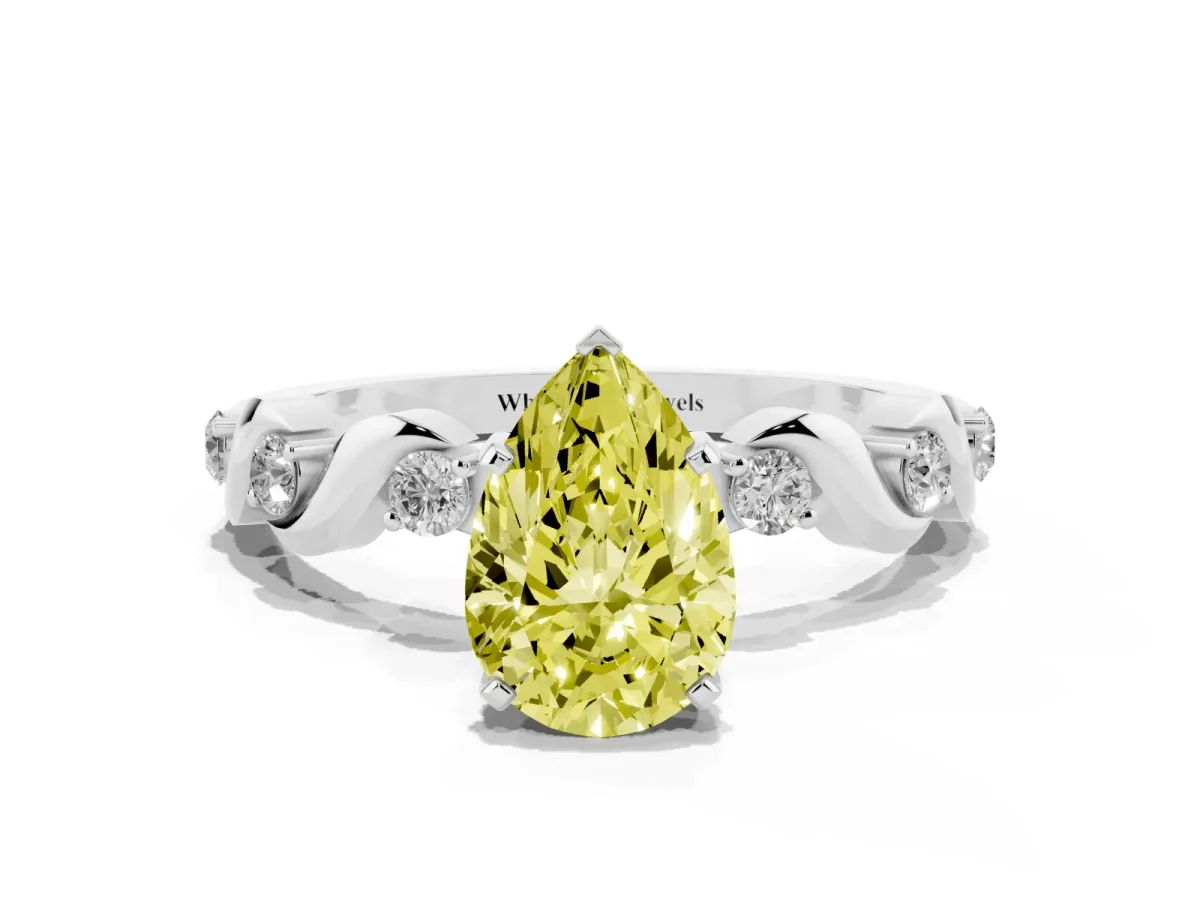 Fancy Yellow Pear Cut Diamond Solitaire Twisted Band with Round Accents and Prong Setting Silver