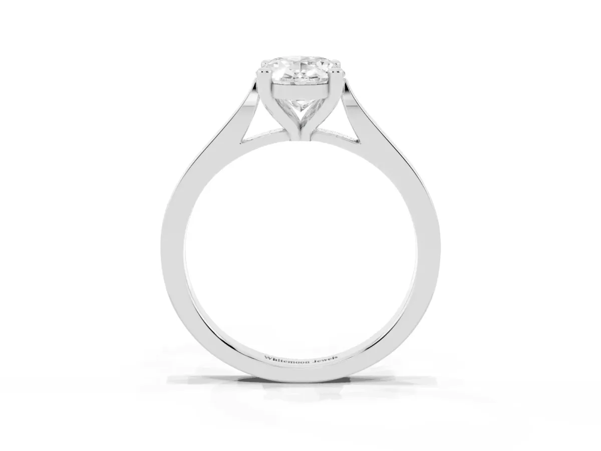 Oval Cut Solitaire Diamond Ring with Four-Prong Setting and Tapered Band Silver