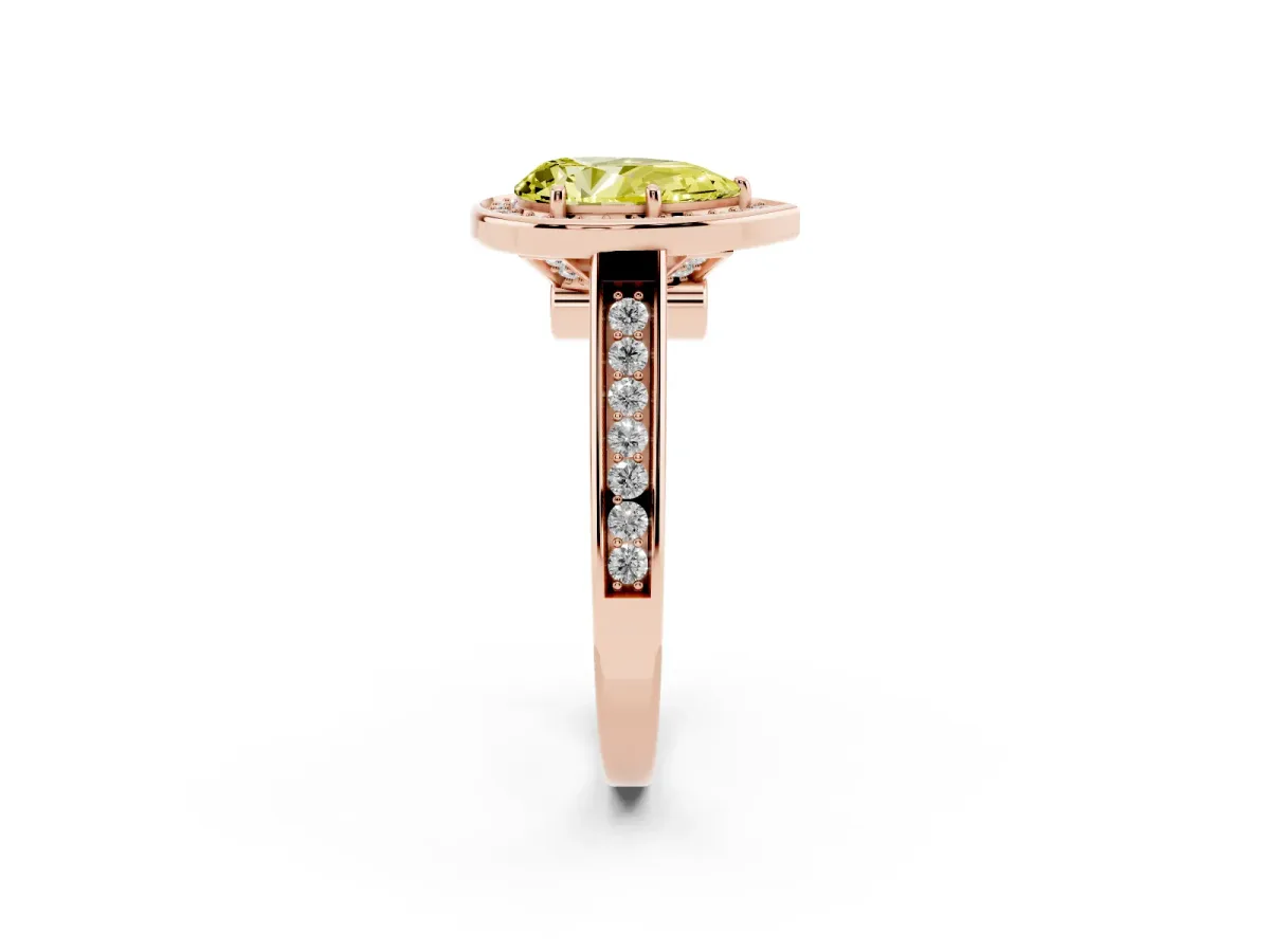 Fancy Yellow Pear Cut Halo Solitaire Diamond Ring with Pave Band and Bezel Setting Rose gold