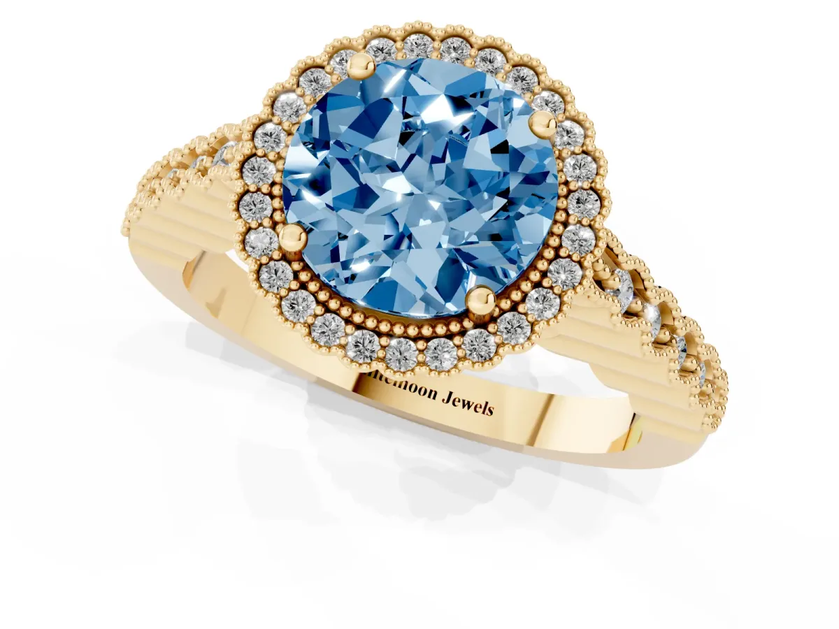 Fancy Blue Round Cut Cut Halo Pavé Solitaire Ring with Milgrain Band Yellow gold