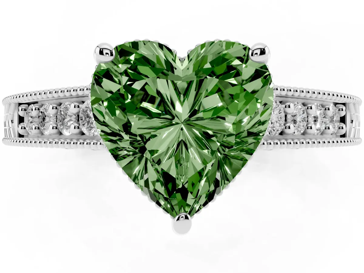 Fancy Green Heart Cut Solitaire Pavé Diamond Milgrain Engagement Ring with Four-Prong Setting Silver