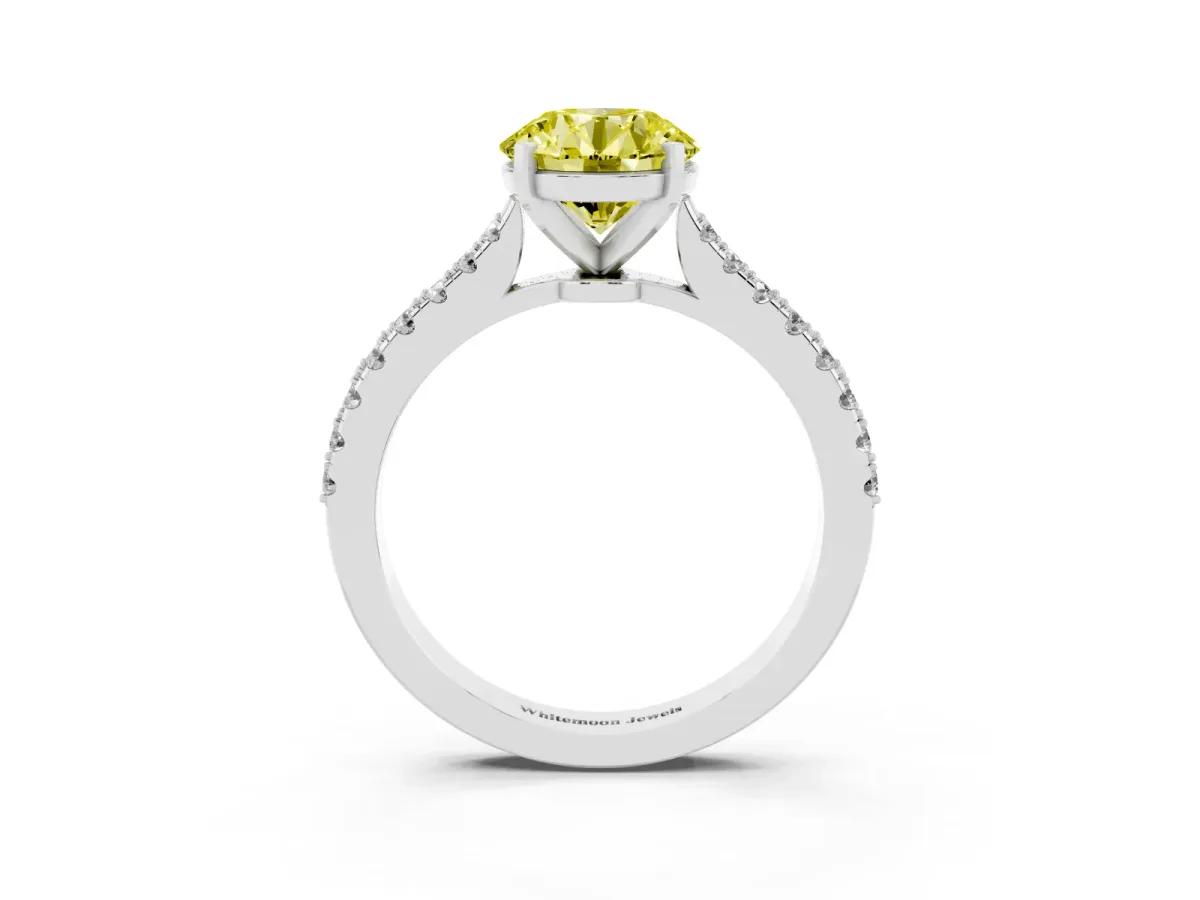 Fancy Yellow Round Cut Cut Solitaire Diamond Engagement Ring with Pave Band and Four-Prong Setting Platinum