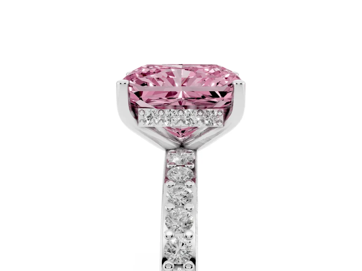 Fancy Pink Radiant Cut Cut Diamond Pavé Band Ring with Four-Prong Setting Silver