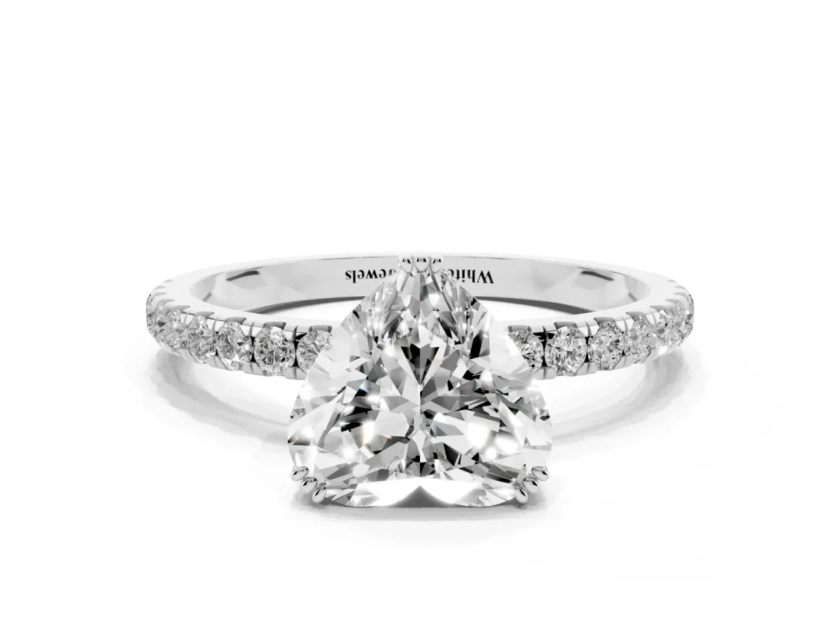 Heart Cut Brilliant Solitaire with Pavé Band and Claw Prong Setting Silver