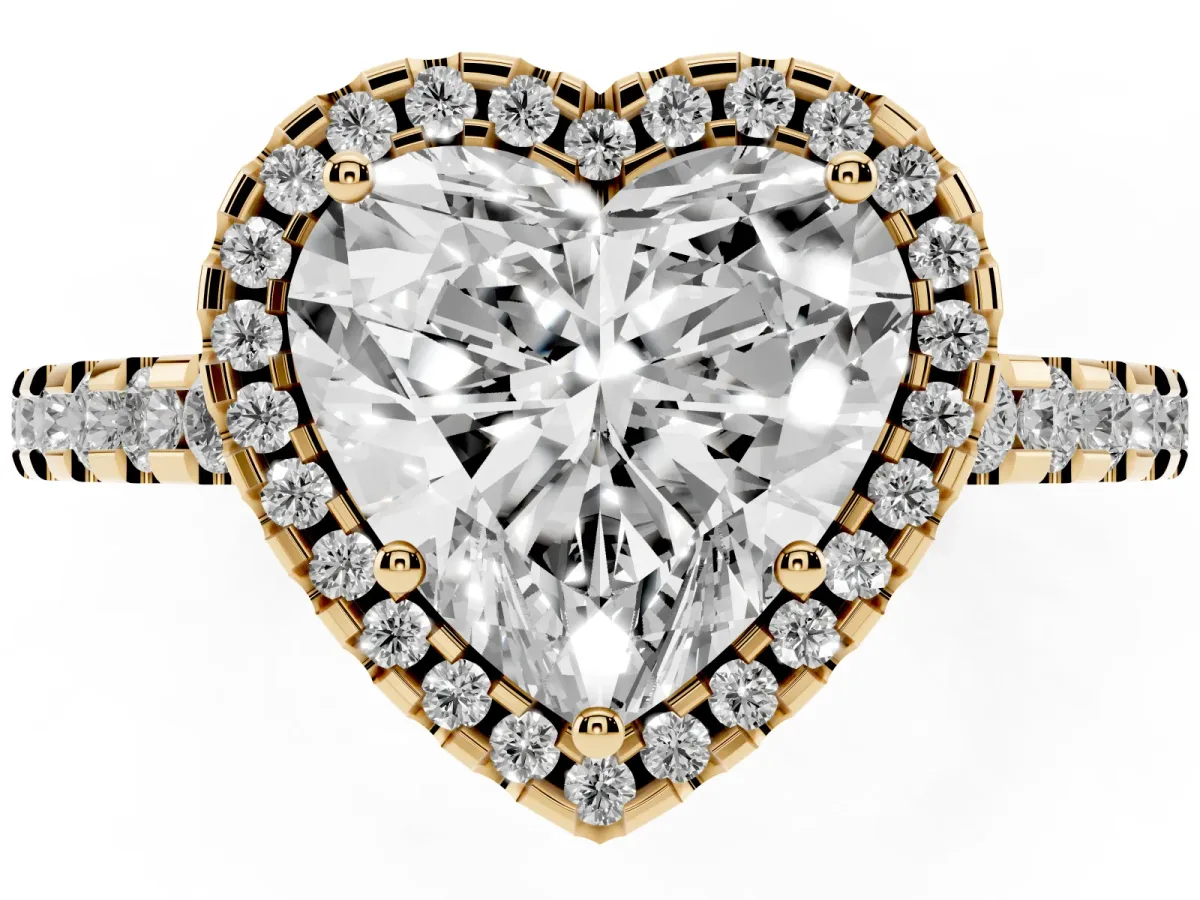 Heart Cut Diamond Halo Engagement Ring with Pavé Band and Prong Setting Yellow gold