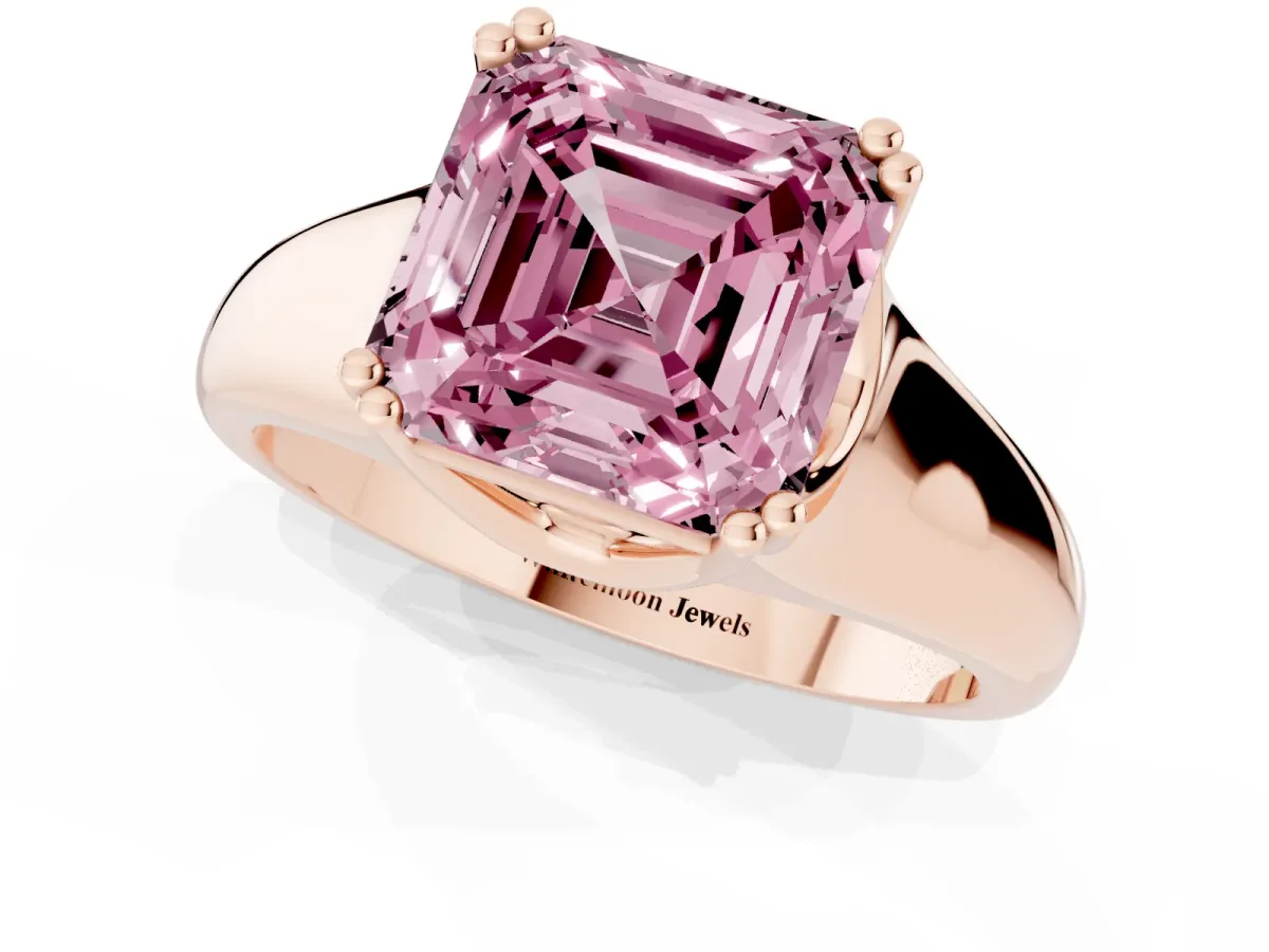 Fancy Pink Asscher Cut Diamond Solitaire Ring with Wide Band and Prong Setting Rose gold