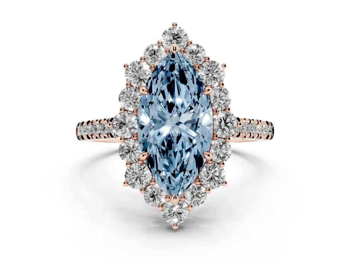 Fancy Blue Marquise Cut Halo Diamond Ring with Pavé Band and Prong Setting Rose gold