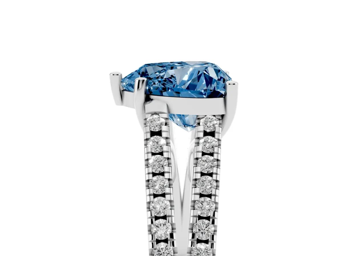 Fancy Blue Heart Cut Diamond Solitaire Engagement Ring with Split Shank Pavé Band Silver