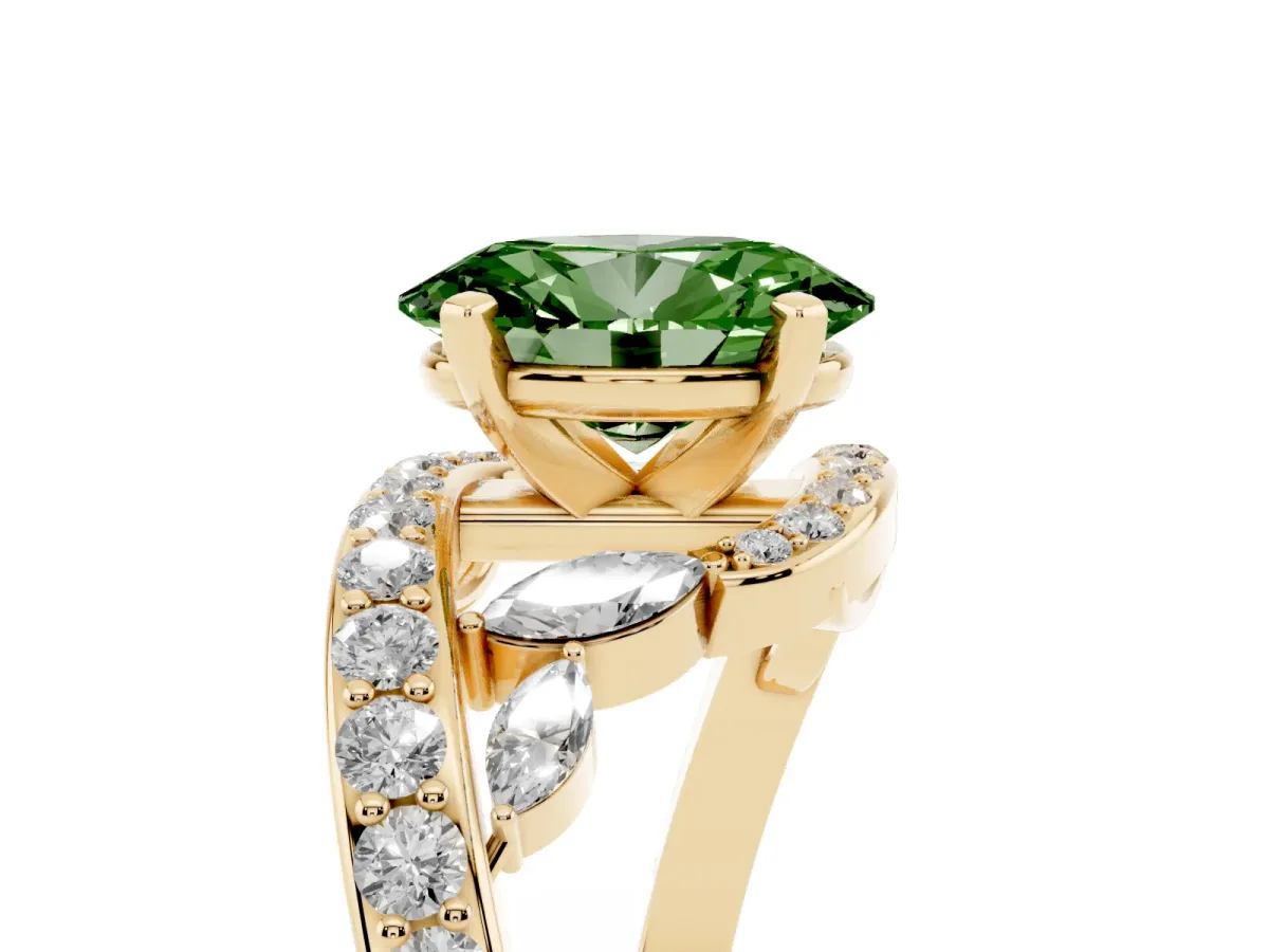 Fancy Green Oval Cut Solitaire with Pavé Twist Band and Four-Prong Setting Yellow gold